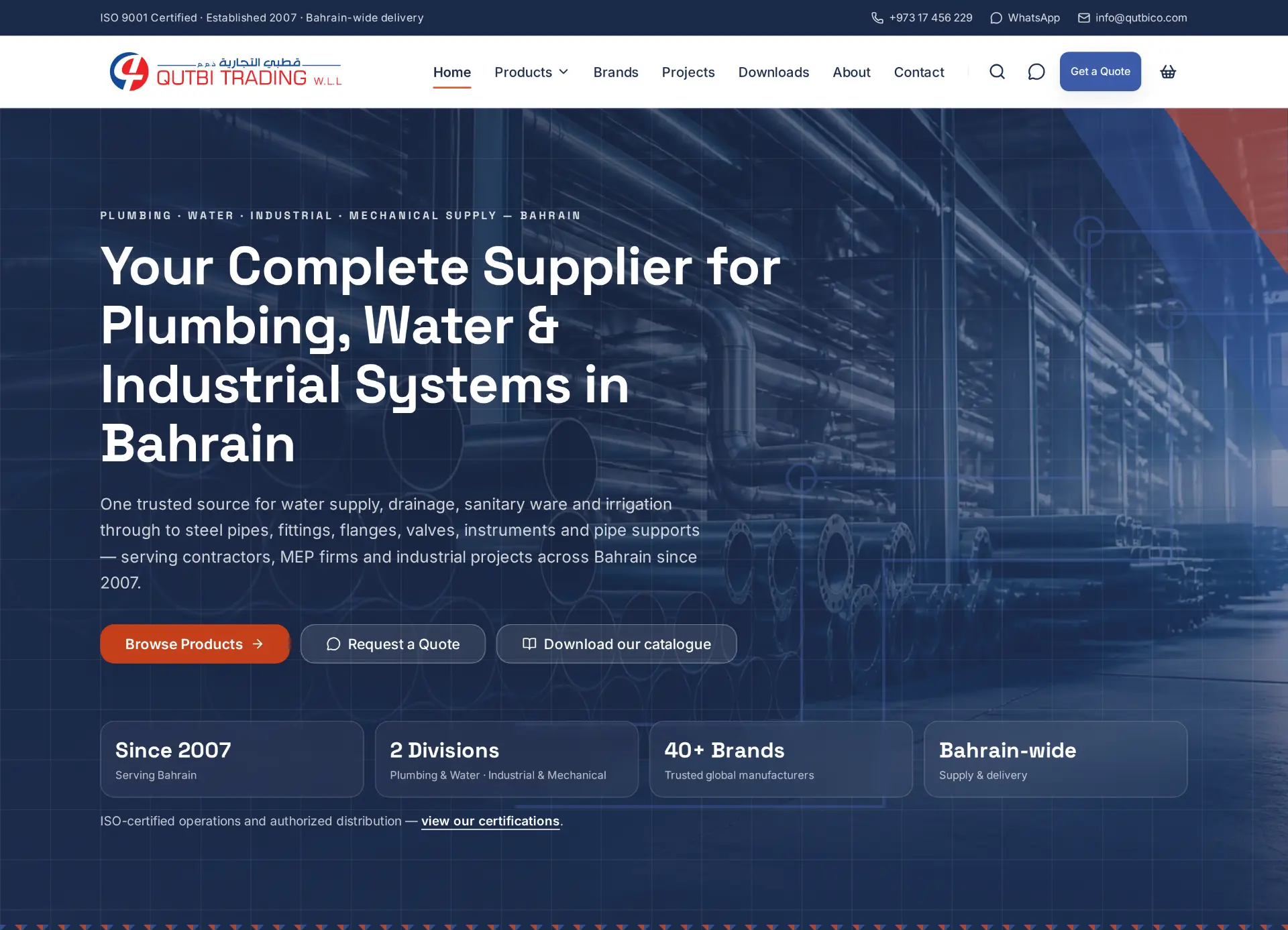 Qutbi Trading website home page on desktop, showing the hero headline, calls to action and key stats